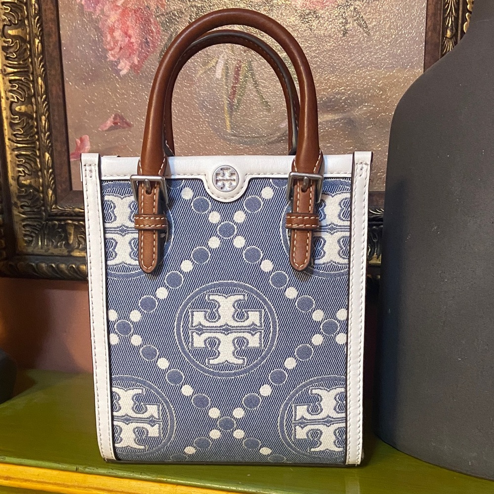 Tory Burch Blue and White Logo Canvas Small Tote with Brown Leather Handles